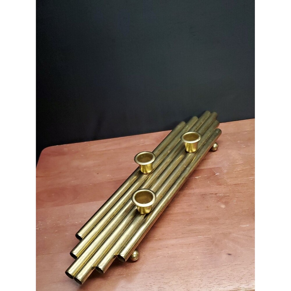 Vintage House of Lloyd Tubular Brass Gold Trio Candle Holder